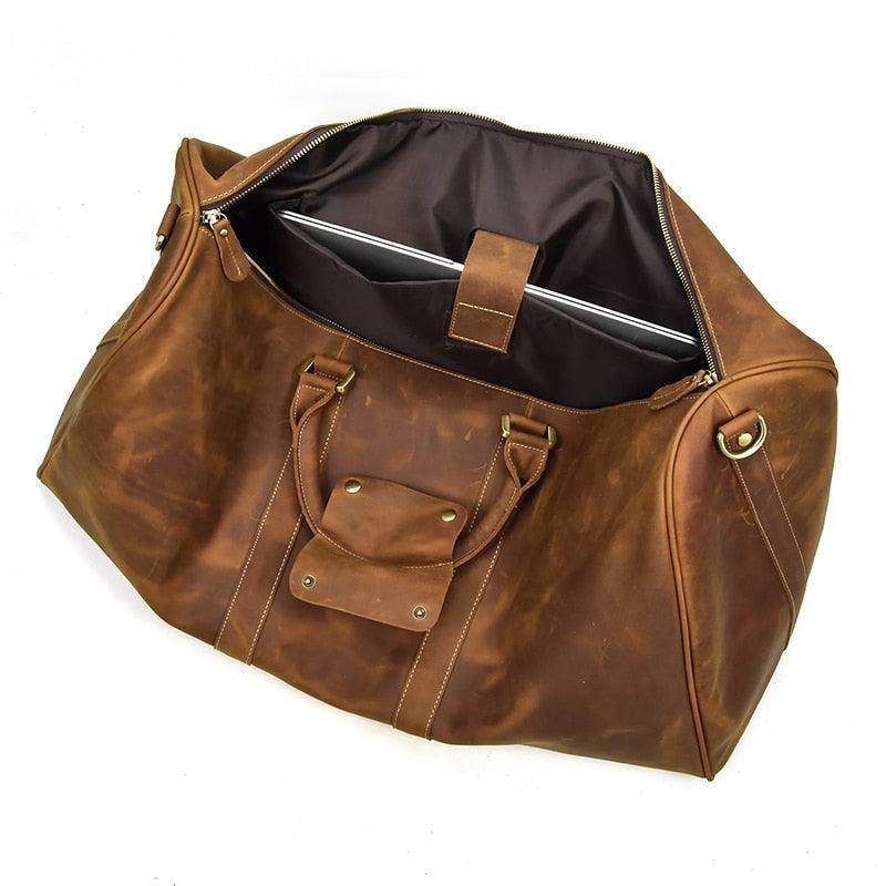 Large leather weekend bag from VacationGrabs with spacious interior and sturdy handles