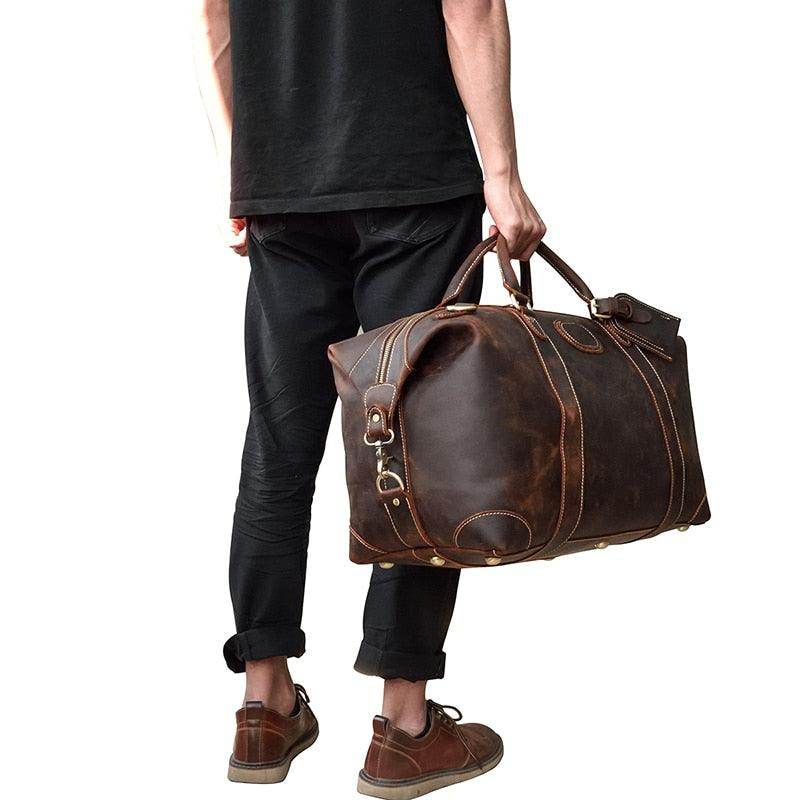 Large leather weekend bag by VacationGrabs in brown, perfect for stylish travel and outdoor getaways