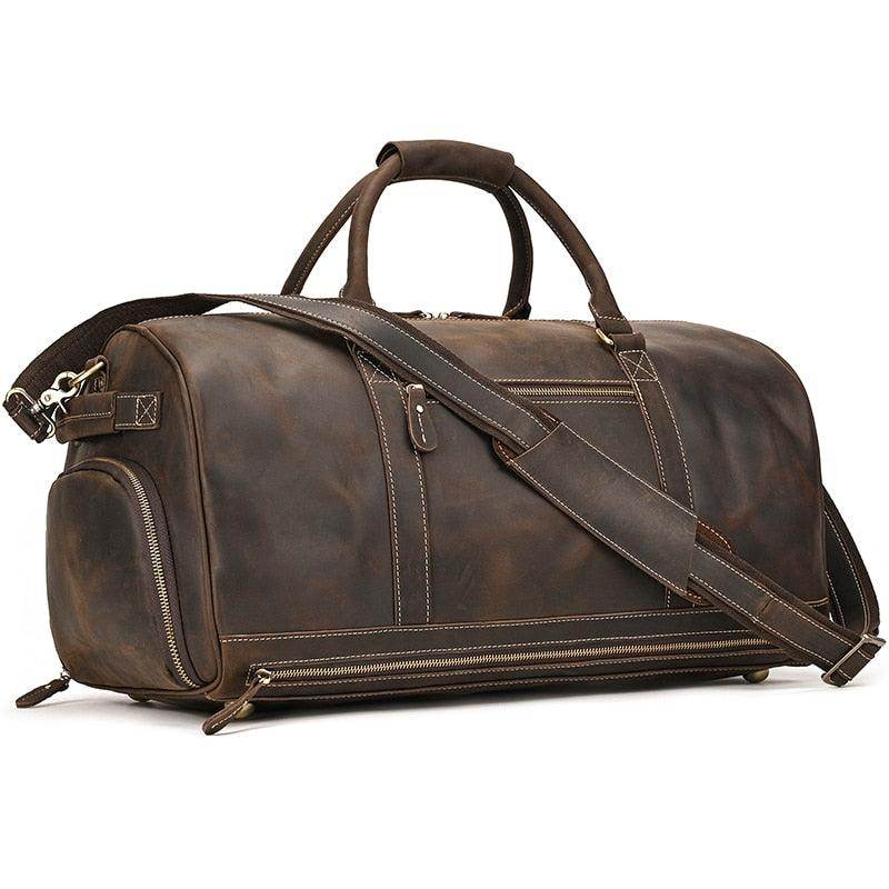 Large leather weekend bag from VacationGrabs with sturdy handles and adjustable shoulder strap