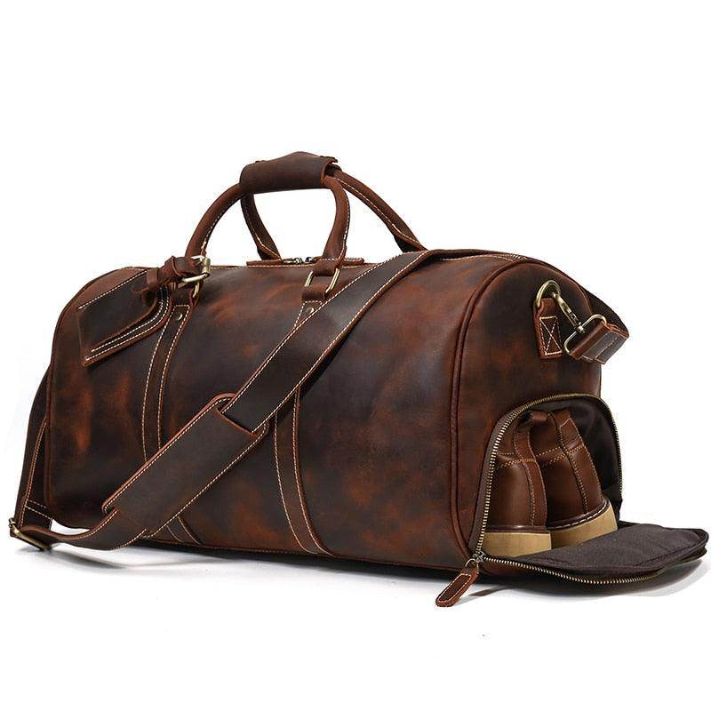 Large leather weekend bag with spacious interior and durable design, perfect for travel and outings