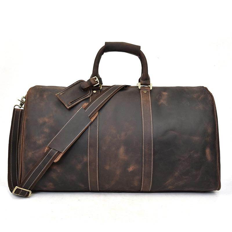 Large leather weekend bag from VacationGrabs with sturdy handles and an adjustable shoulder strap