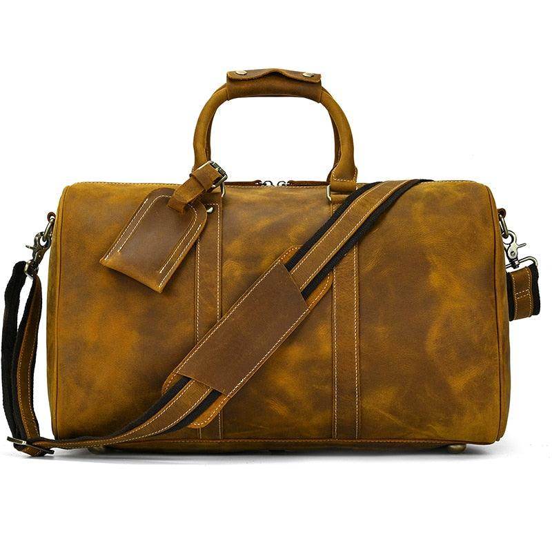 Large leather weekend bag from VacationGrabs with sturdy handles and adjustable shoulder strap