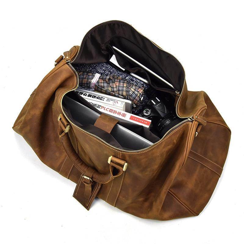 Large leather weekend bag from VacationGrabs with ample space for clothing and essentials