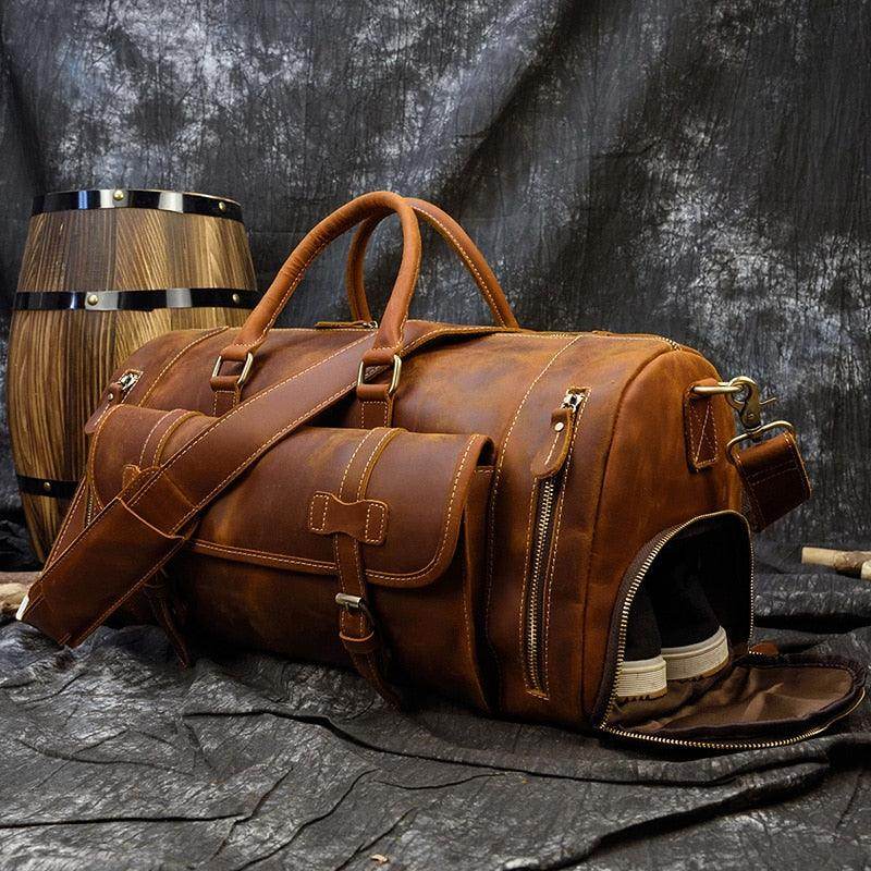 Large leather weekend bag by VacationGrabs with multiple compartments and stylish design