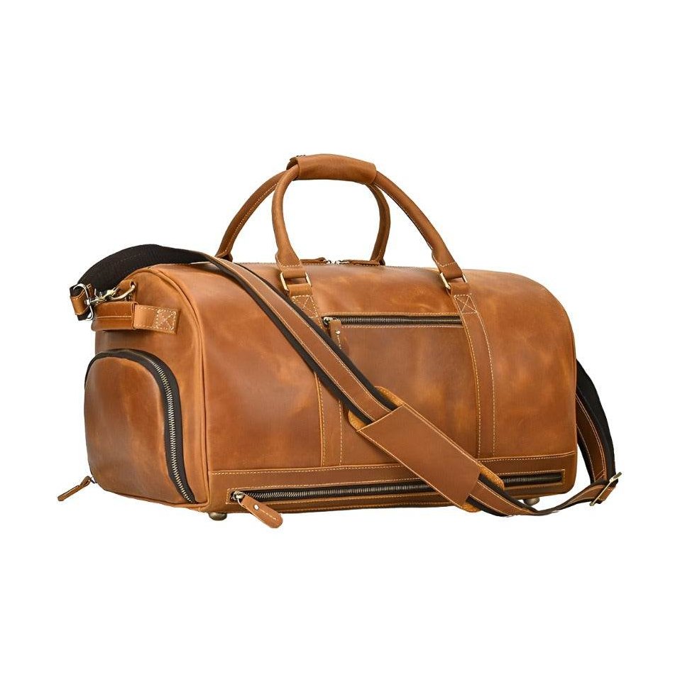 Large leather weekend bag from VacationGrabs featuring multiple compartments and a stylish design