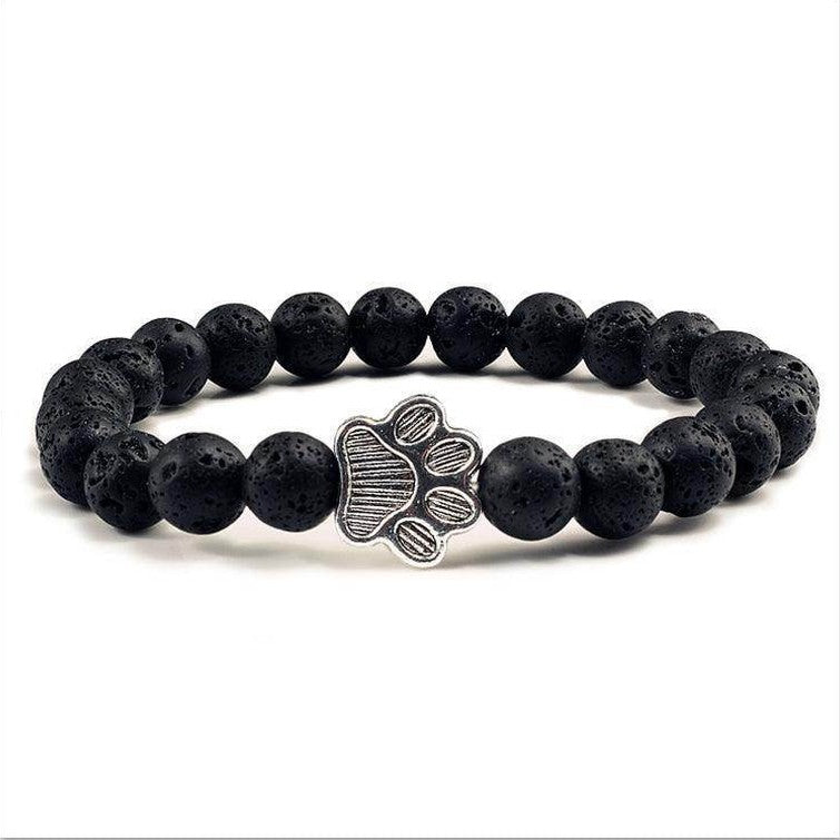 Lava stone pet bracelet for men featuring a charming paw print design in silver