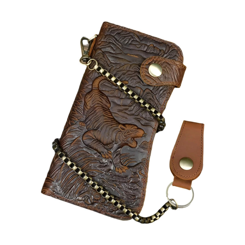 VacationGrabs leather clip wallet for men featuring intricate tiger design and chain attachment
