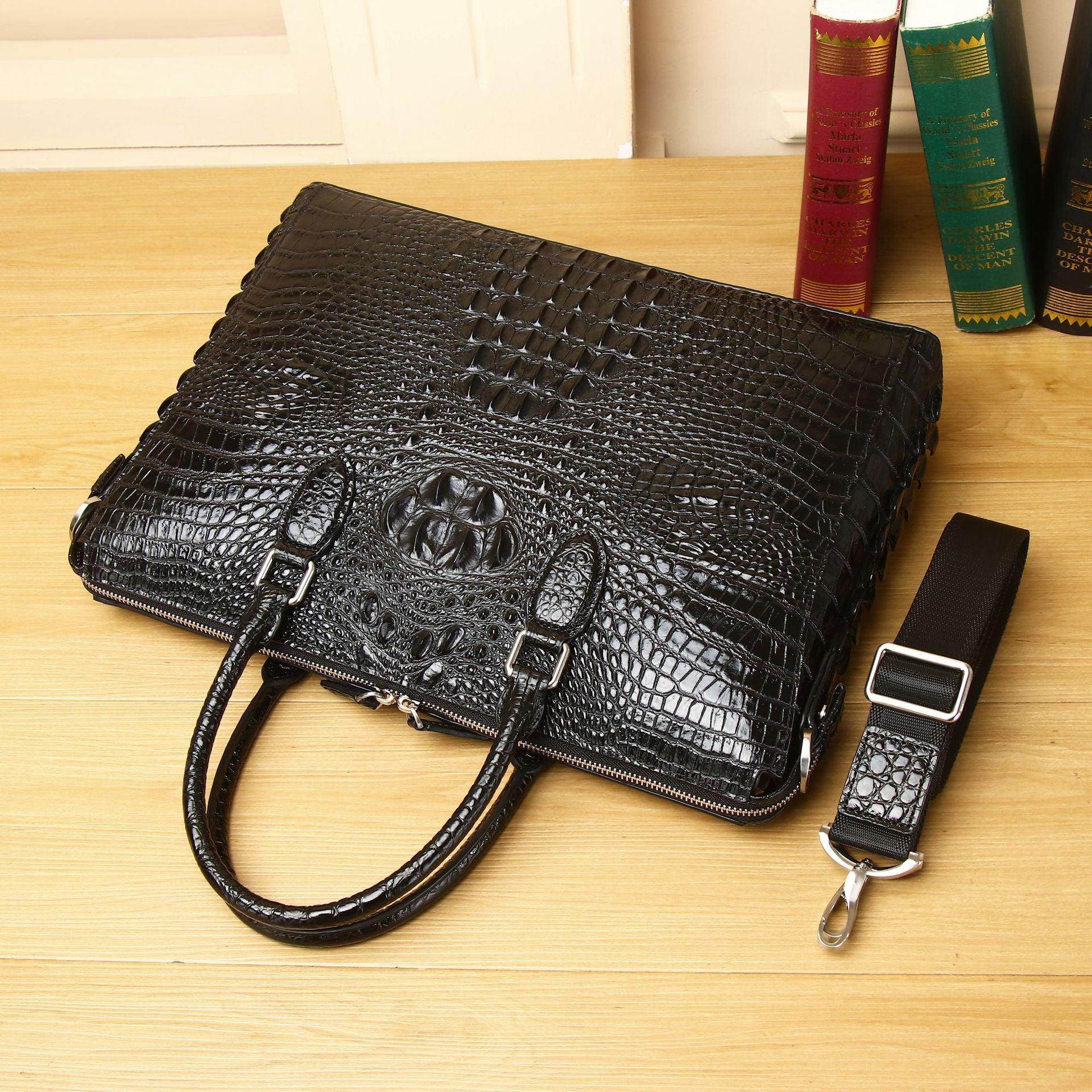 Stylish leather laptop briefcase men with crocodile texture and detachable strap for convenience