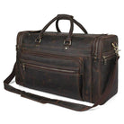 Brown leather luggage tote bag with multiple compartments and a detachable shoulder strap
