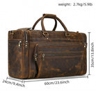 Spacious leather luggage tote bag in dark brown with multiple compartments and sturdy handles