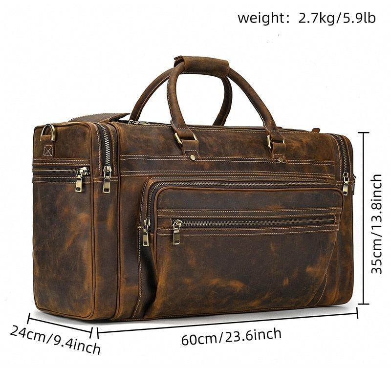 Spacious leather luggage tote bag in dark brown with multiple compartments and sturdy handles