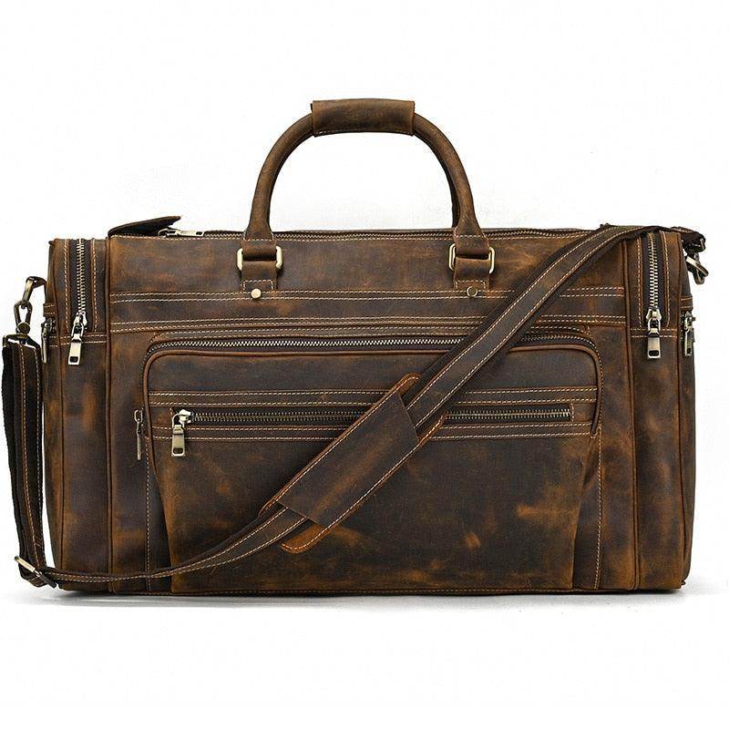 VacationGrabs leather luggage tote bag featuring a spacious design and multiple pockets for travel convenience