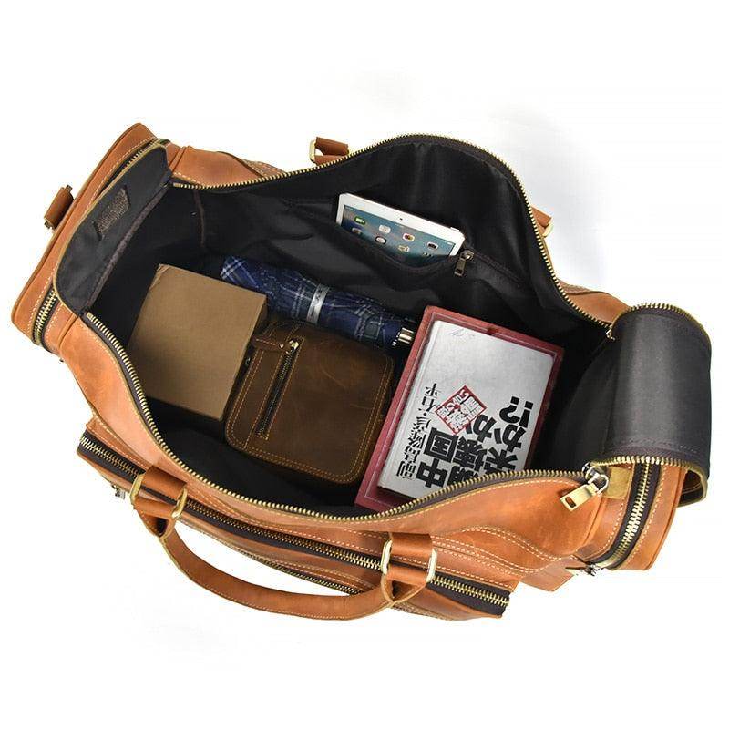 Leather luggage tote bag with spacious interior for travel essentials and organized storage