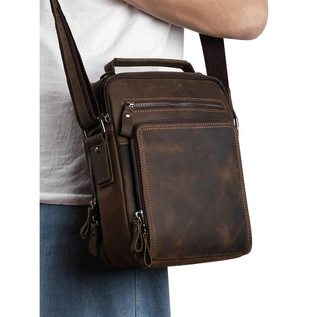 Leather Shoulder Bag Crossbody Satchel Bag for Men Crazy - VacationGrabs