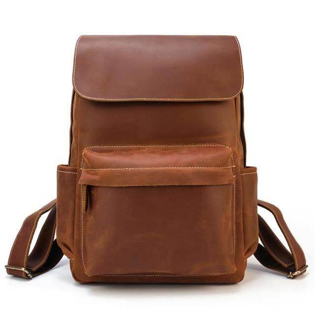 Brown leather travel backpack with multiple pockets and adjustable straps for stylish outings