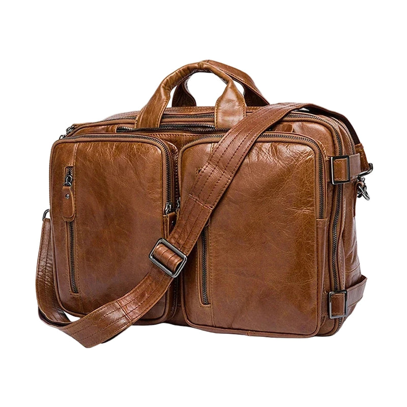 mens 3-in-1 leather combo briefcase backpack cognac brown with dual front pockets handles and adjustable shoulder strap