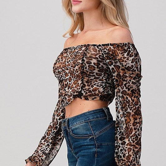 Women's Shirts - Cropped Tops Leopard Mesh Crop Top