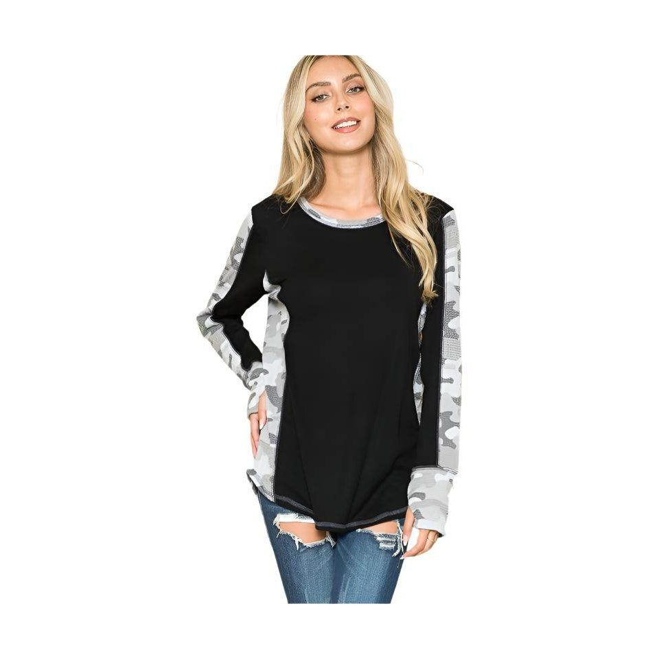 Women's Shirt from Orange Farm Clothing featuring leopard print thumbhole knit sleeves and a black body design