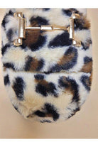 Leopard print womens slippers featuring a soft fur exterior and stylish gold buckle detail