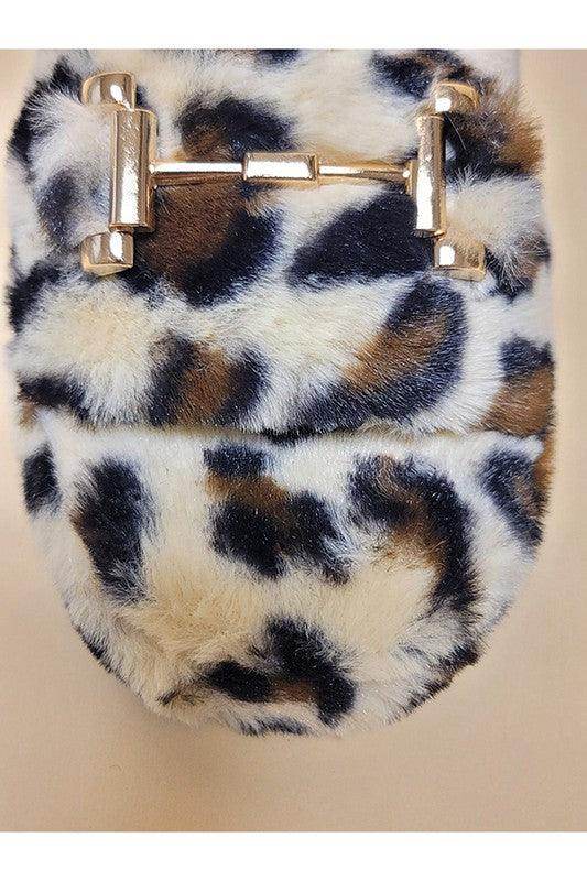 Leopard print womens slippers featuring a soft fur exterior and stylish gold buckle detail