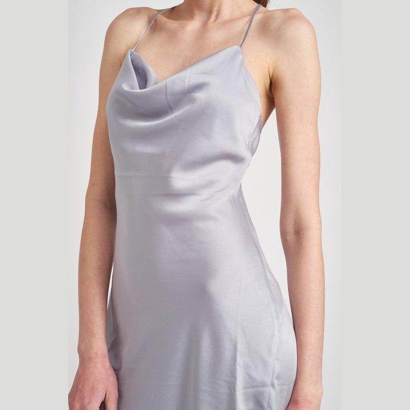 Light Blue Cowl Neck Satin Slip Midi Dress - VacationGrabs