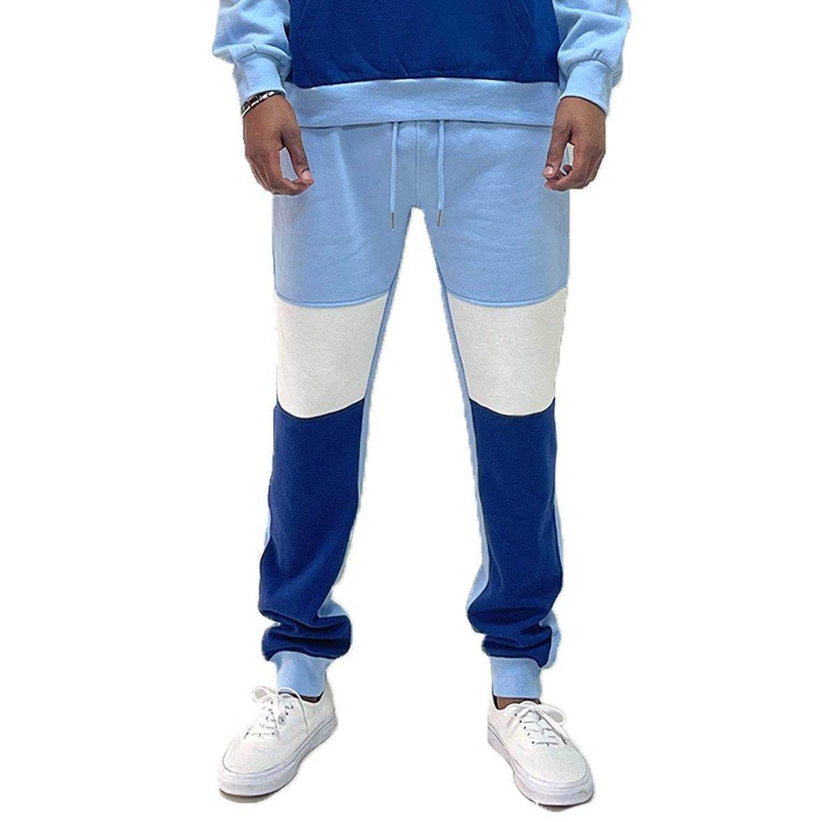 Light blue mens sweatpants with contrasting panels, perfect for casual or athletic wear
