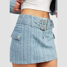 Light Blue Pinstripe Belted Mini Denim Skirt - VacationGrabs