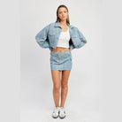 Light Blue Pinstripe Belted Mini Denim Skirt - VacationGrabs