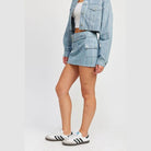 Light Blue Pinstripe Belted Mini Denim Skirt - VacationGrabs
