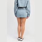 Light Blue Pinstripe Belted Mini Denim Skirt - VacationGrabs