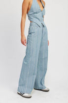 Light Blue Pinstripe Mid Rise Wide Leg Pants - VacationGrabs