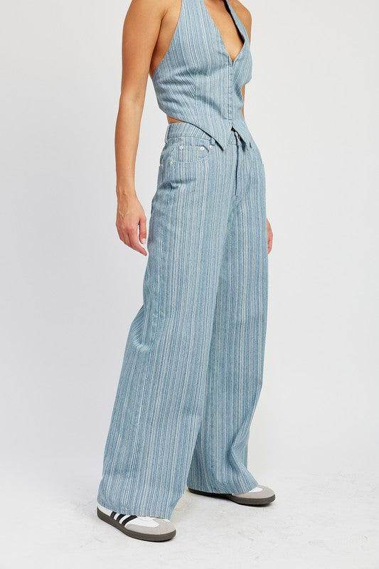 Light Blue Pinstripe Mid Rise Wide Leg Pants - VacationGrabs