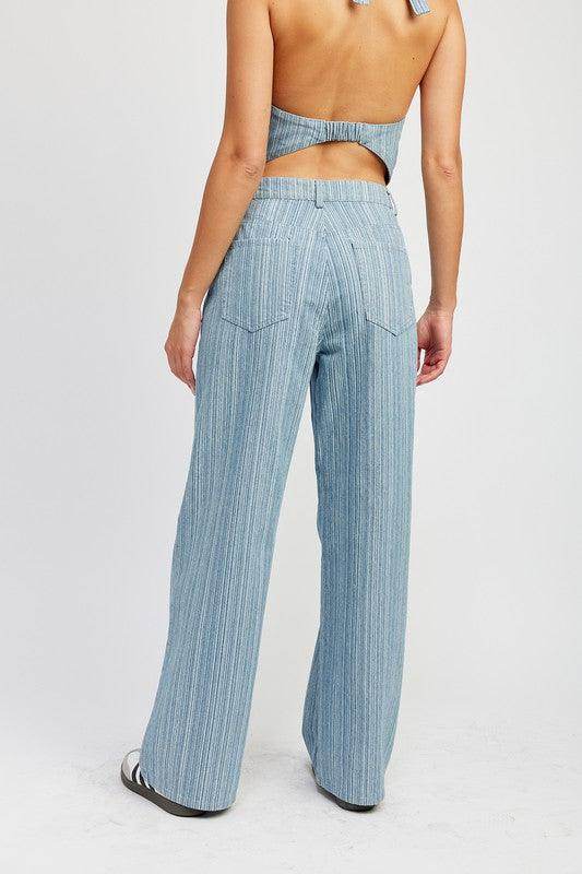 Back view of Emory Park light blue pinstripe wide leg pants with a relaxed fit and stylish design