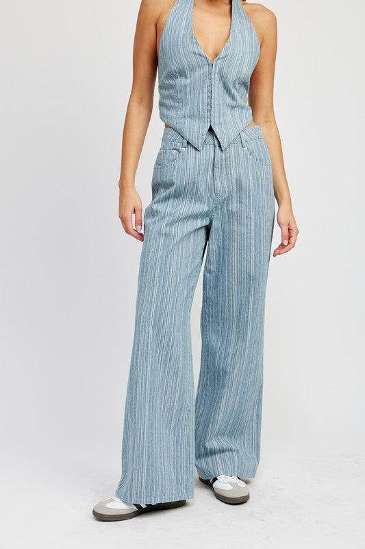 Light blue pinstripe wide leg pants from Emory Park with a stylish high-waisted design