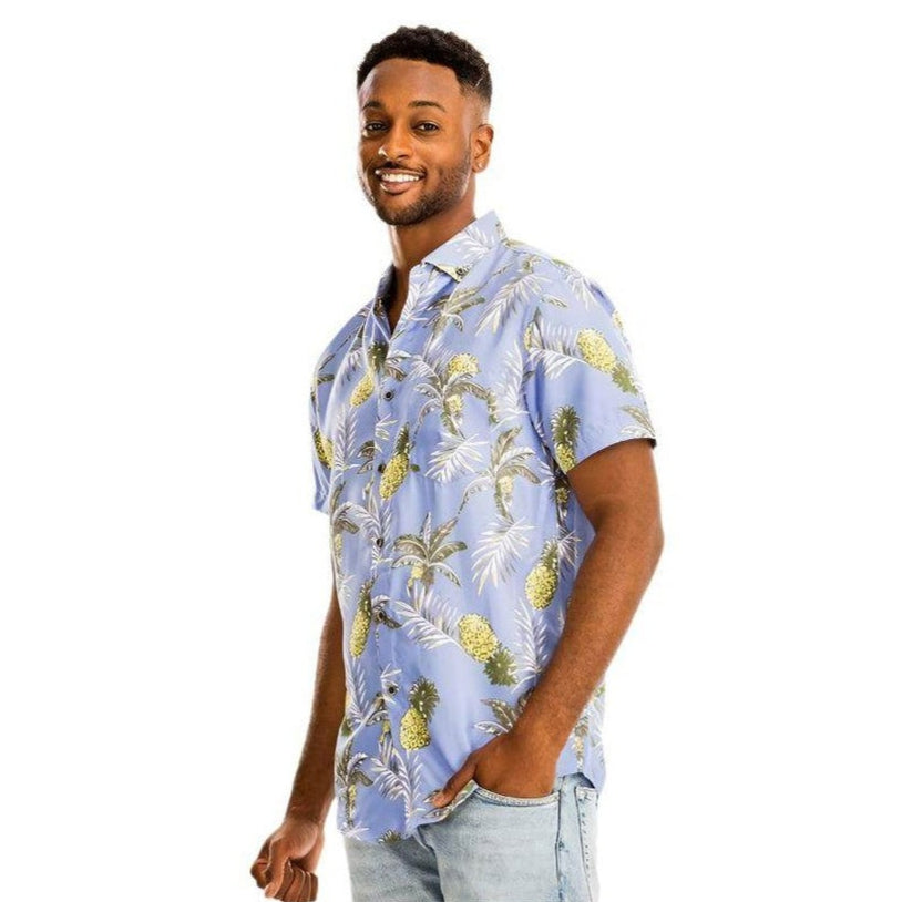Light blue vacation shirt with tropical pineapple print, perfect for summer outings and beach wear