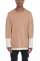 Light brown long sleeve tee by VacationGrabs with a relaxed fit and stylish layered design