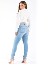 GJG Denim light wash skinny jeans women with a stylish high-rise fit and distressed accents