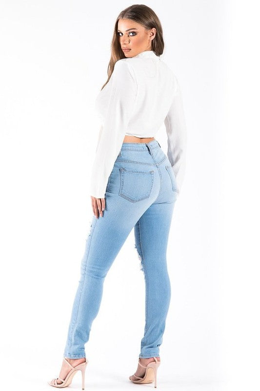 GJG Denim light wash skinny jeans women with a stylish high-rise fit and distressed accents