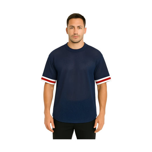 WEIV men's navy blue lightweight athletic top for travel with red and white striped sleeve cuffs