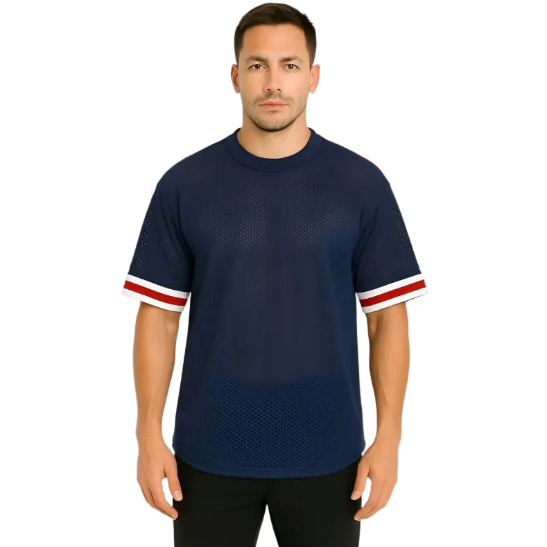 WEIV men's navy blue lightweight athletic top for travel with red and white striped sleeve cuffs