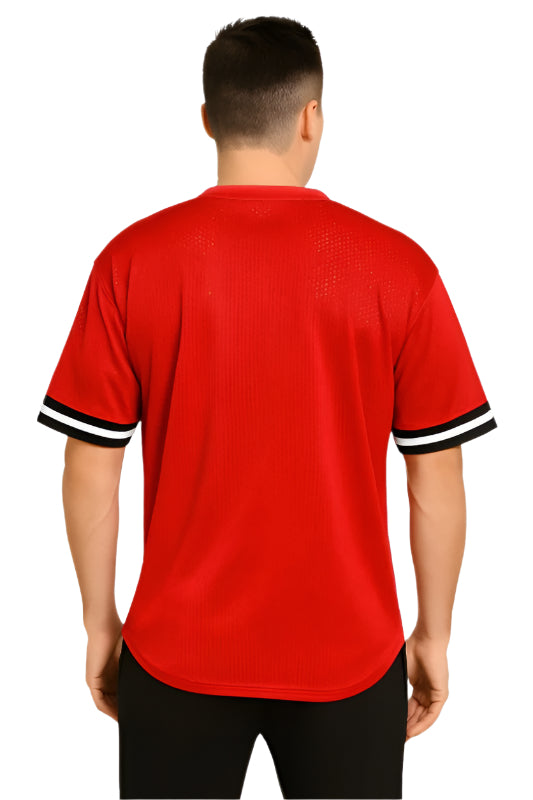Back view of a man wearing WEIV red lightweight athletic top for travel with black and white sleeve stripes