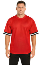 WEIV men's lightweight athletic top for travel in red with black and white striped sleeve cuffs