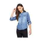 Blue Age lightweight denim shirt for travel with button front and rolled sleeves on woman