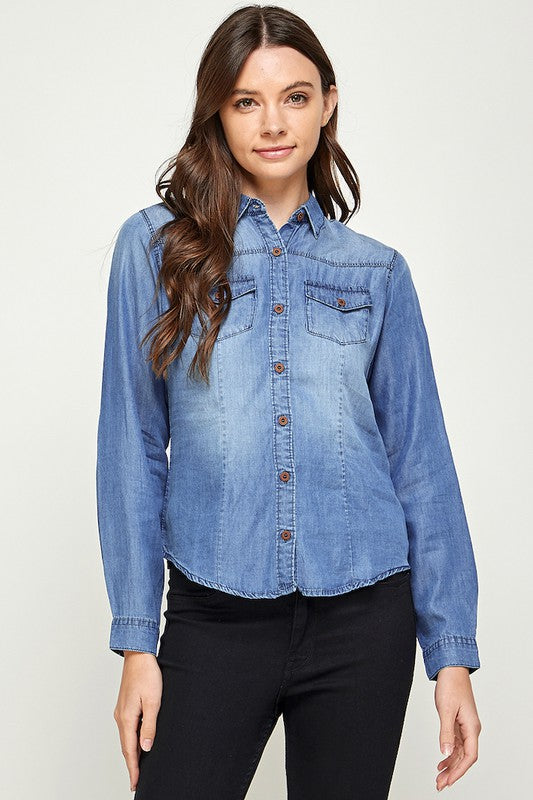 Blue Age lightweight denim shirt for travel with long sleeves and button-down front on a woman