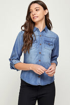Blue Age lightweight denim shirt for travel with button-down front and rolled-up sleeves