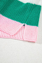 Close-up of YNIQUE women's lightweight striped sweater for travel with green and pink knit details