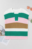 YNIQUE lightweight striped sweater for travel with green, pink, brown, and white horizontal stripes