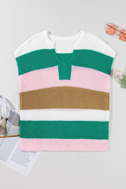 YNIQUE lightweight striped sweater for travel with green, pink, brown, and white horizontal stripes