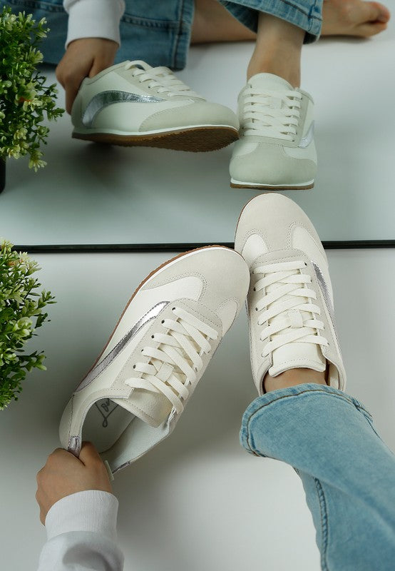 Rag Company lightweight stylish lace up sneakers for women in white with silver accents
