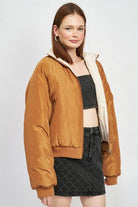 Emory Park lightweight travel puffer coat in warm brown with a cozy fit and stylish design for women